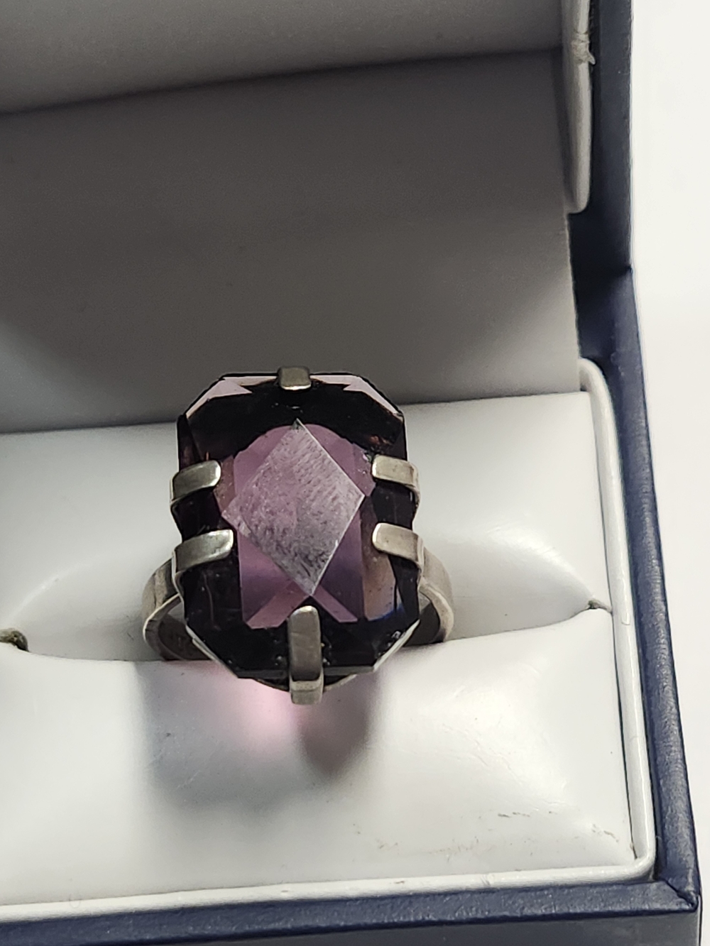 Mid Century Uncas Sterling Vintage Ring Size 6 Adjustable Amythest Colored Glass